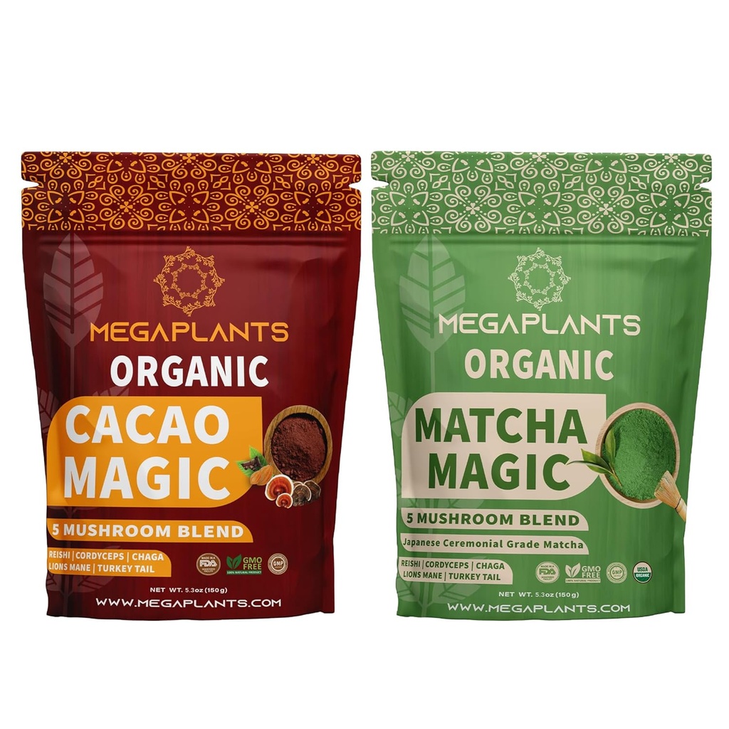 MegaPlants Cacao Magic & Matcha Magic (50 services) QQ 超级食品 5 蘑菇粉混合剂 Focus, Clarity & Energy QQ USDA 有机
