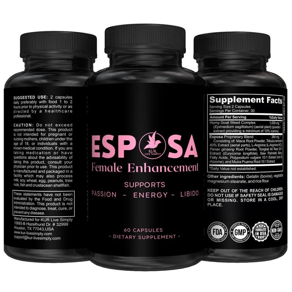 Esposa女性利比多女性助推器 — Reignite Passion, 增加能量和敏感度, 助推Mood & Despere — 在美国制作的 Horny Goat Weed – 60 Capsules 天然女性增强药丸