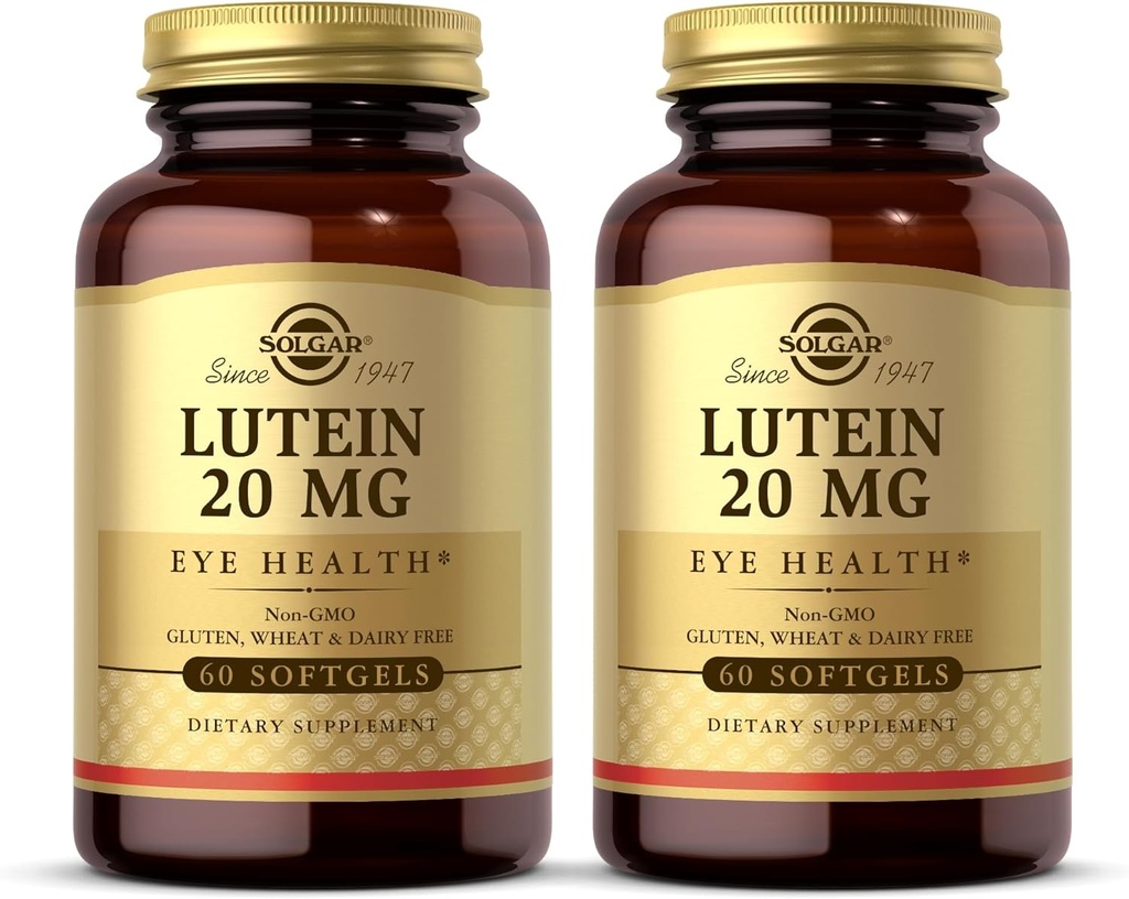 Solgar Lutein 20 mg, 60 Softgels (Pack of 2) - 支持眼部健康 - 帮助过滤出蓝光 - 包含 Flora GLO Lutein - 非GMO, Gluten Free, 奶制品 Free - 120 总服务