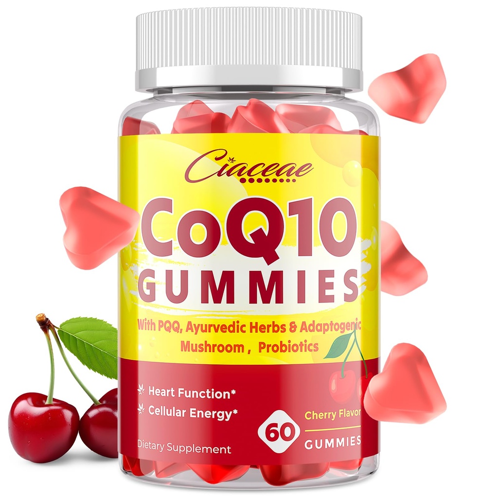 CoQ10 Gummys与PQQ - 400 MG Coenzyme Q10 高潜力,用Ayurvedic Herbs增强,适应性蘑菇混合剂和心脏,脑,能量,豁免,樱桃火焰,60 Vegan Gummys