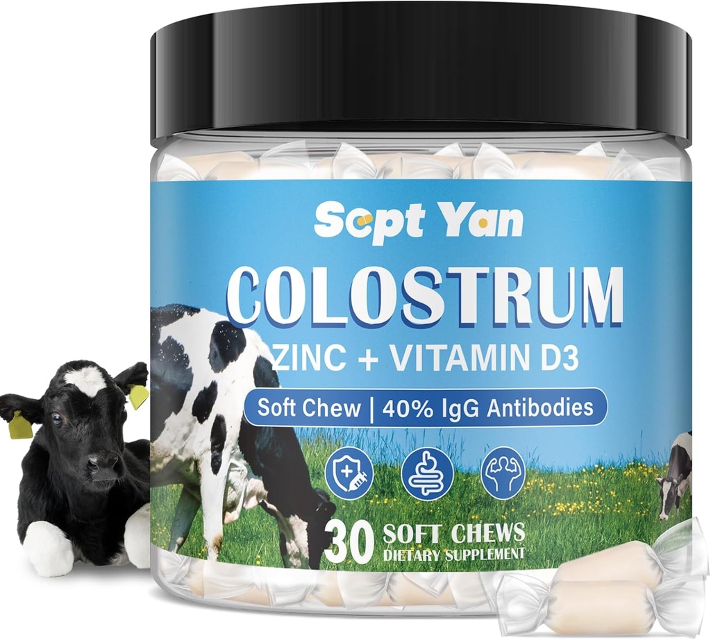 Colostrum Soft Chew Supplement (300mg + 40% IgG), 集中Bovine Colostrum 超级食品加维生素D3 & Zine 用于Gut健康,免疫支持,肌肉恢复与健康,草药, 30 Chews