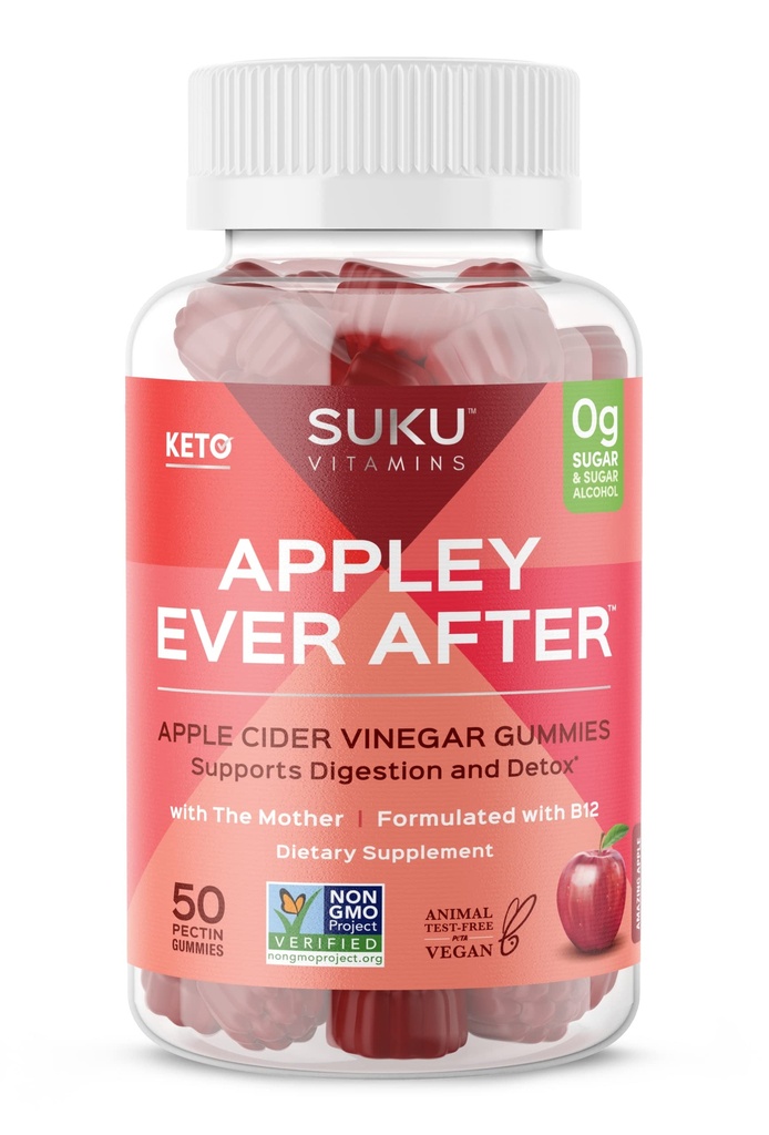 SUKU Appley Ever After Gummys – Apple 苹果苹果苹果酒Vinegar 配有甲基化的 B12 & Folate – 无糖,无胶,Vegan Detox & Energy Support – Apple Flavor – 50 Count