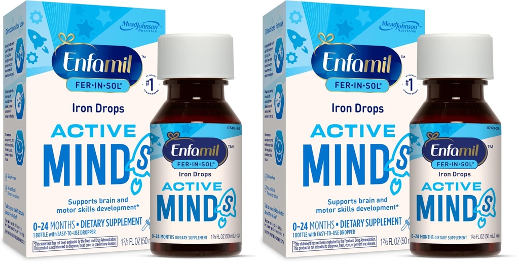 Enfamil Fer-in-Sol Iron Suppers for Infants & Toddlers, 支持大脑发育, 50 mL 滴水瓶 (Pack of 2)