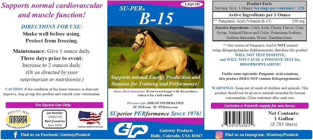 SU-PER B-15 马肉维生素补充剂 - Equine Vitamin B-15 性能支持液体 - 支持正常心血管免疫和肌肉功能 - 1 Gallon, 4个月供应(120天)
