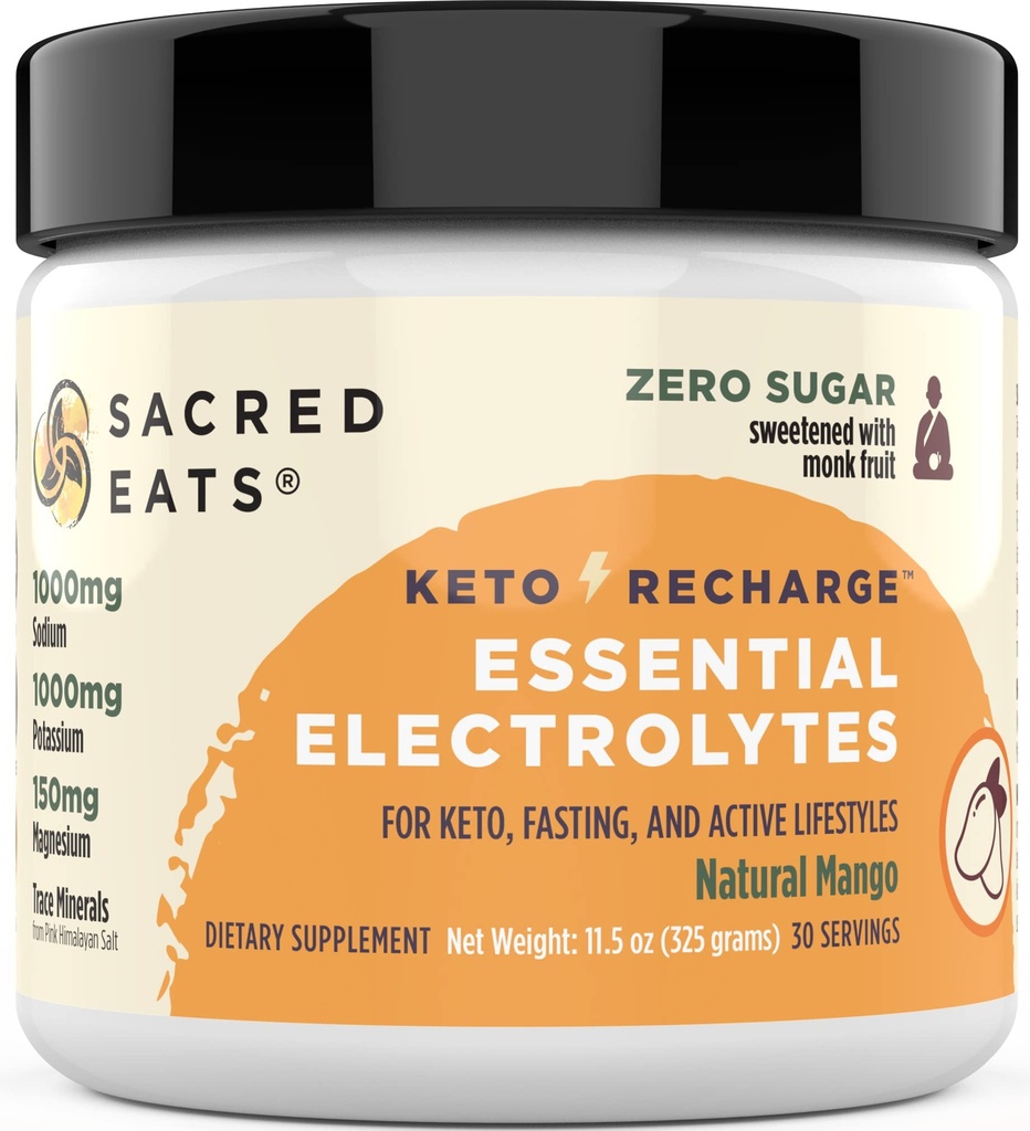 Keto Electrolyte Powder & Hydrition 补充 | 1000mg 钾 & Sodium, 150mg 镁 | 无糖 & Stevia, Sweeted with Monk Fruit Only | Natural Mango (30 services)