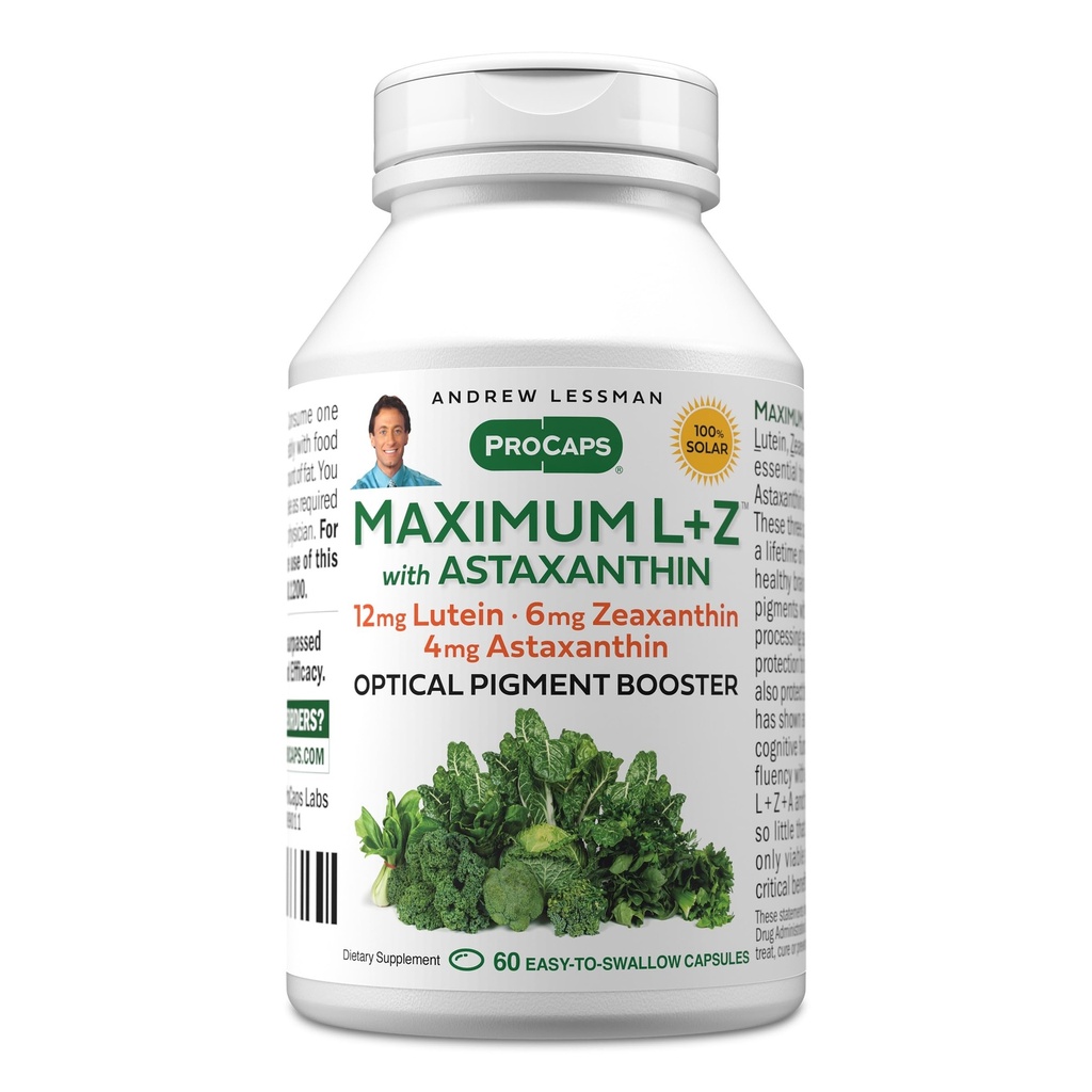 安德烈·勒斯曼(Andrew Lessman) 最大L+Z 配有 Astaxanthin 60 Softgels - 12mg Lutein, 6mg Zeaxanthin, 4mg Astaxanthin. 支持眼和脑健康以及促进健康愿景的关键营养剂。