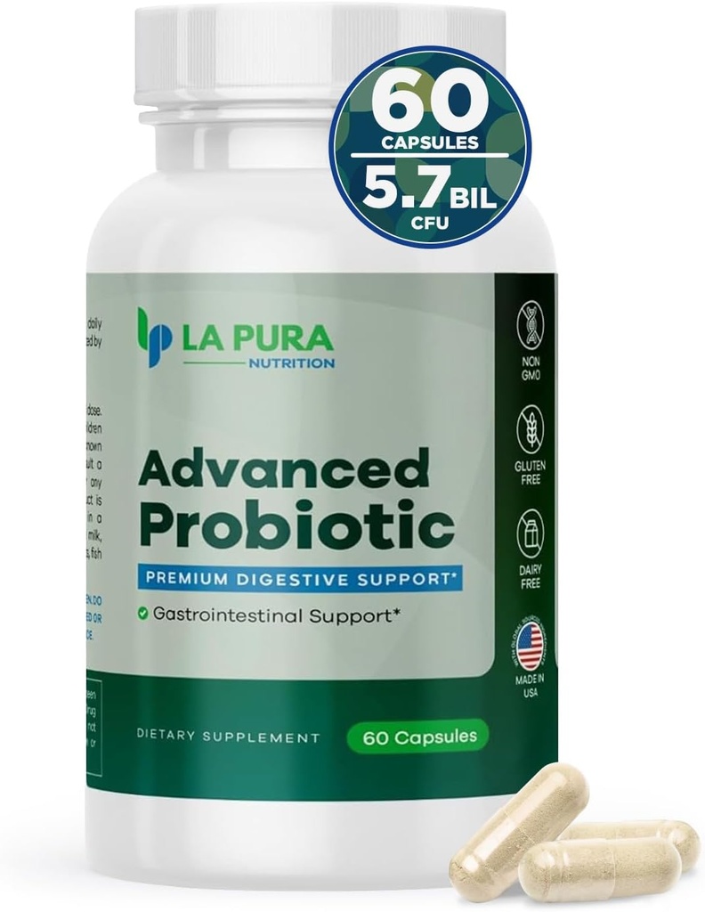 LaPura Advanced Probiotic - Premium Digestive Support for Gut & Immune Health, 60 Capsules - 5.75亿 CMU Probiotics 包括 DE111 Strain (Bacillus subtilis) - 非GMO, Gluten-Free,美国制造