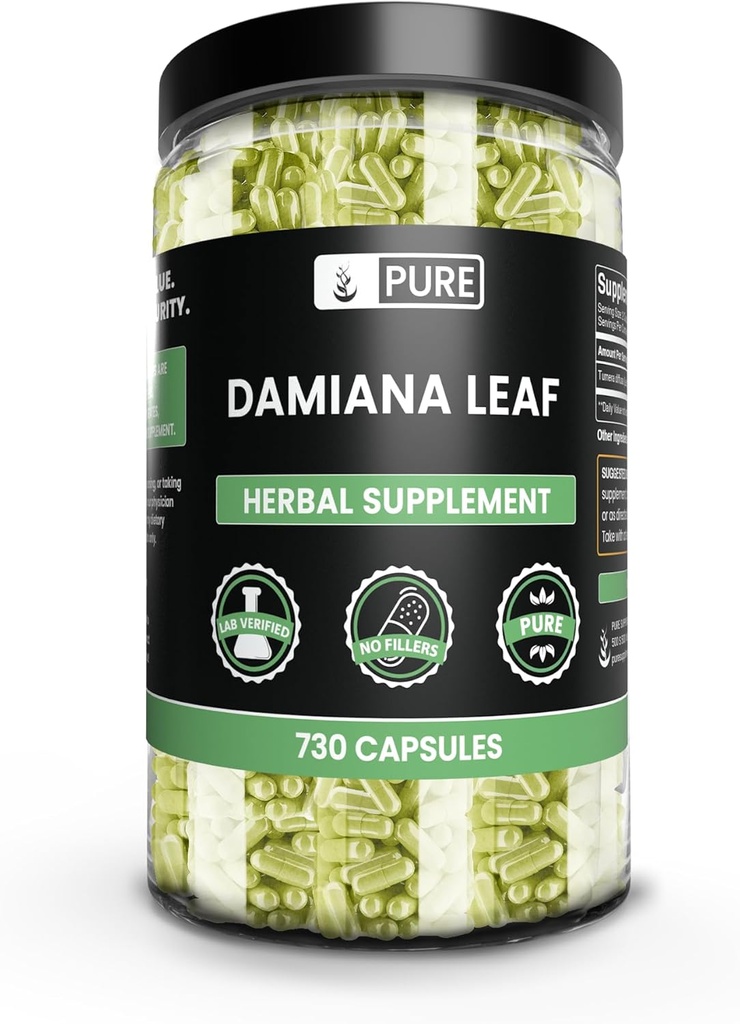 Damiana Leaf Capsules,无镁或水稻填充器,永远纯净,实验室验证(730 Capsules)