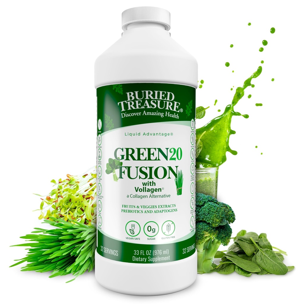 埋藏宝藏 Green20 Fusion – 与伏拉根的超级食品混合,用于皮肤,毛发,以及联合支持,植物基,Vegan,N-GMO Gluten Free,乳品基,无豆基,32oz液体