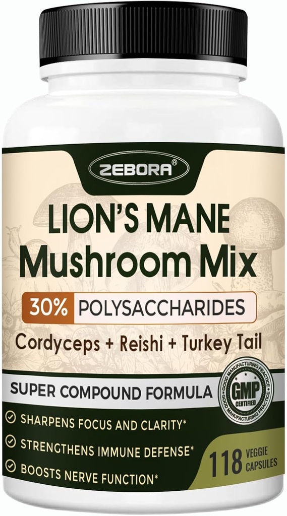 Lions Mane 补编 Capsules - 蘑菇 配有 Lions Mane, Cordyceps, Reishi, Turkish Tail, Shiitake - Lions Mane 补编 记忆、焦点和免疫支持 - 118 Vegan 蘑菇 Capsules