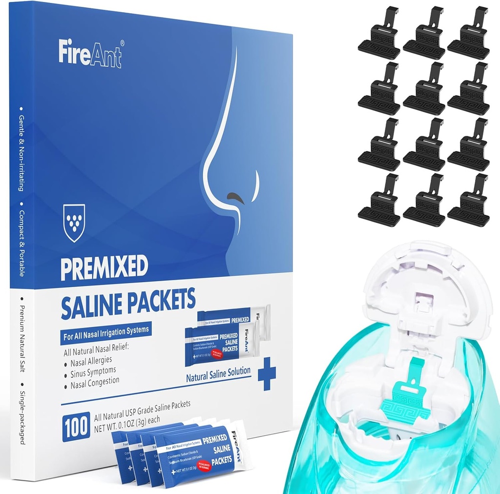 FireAnt 100 Saline Packets 和 12 个可重复使用的 Saline Pods 重填套件,与Navalage Nasal Care 兼容 - 包括 100 个盐包 Sinus Rinse + 12 Pack Silicone 盐垫 黑色重填