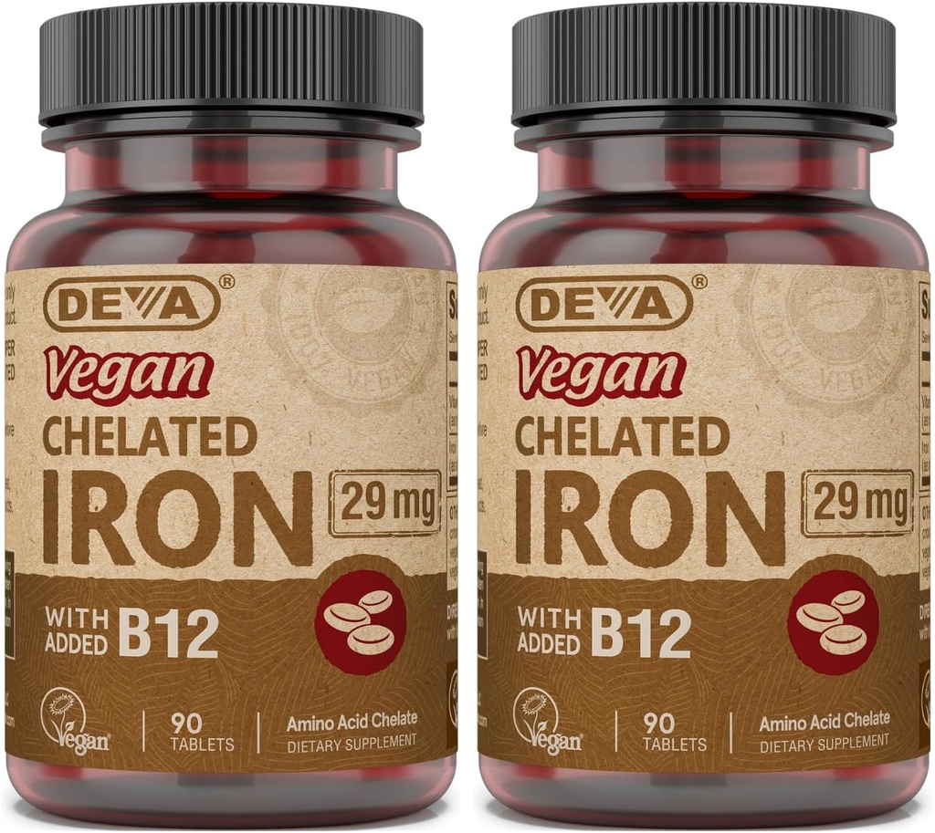 DEVA 营养 Vegan Chelated Iron 29 mg 强化B-12 - 高概率,容易吞 - 90片,2-Pack