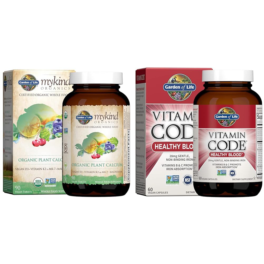 Garden of Life Organics Plant Calcium with Magnesium, Vitamin D3 & K2 MK7 Plus Vitamin Code Healthy Blood with 28mg Iron for Anemia Support