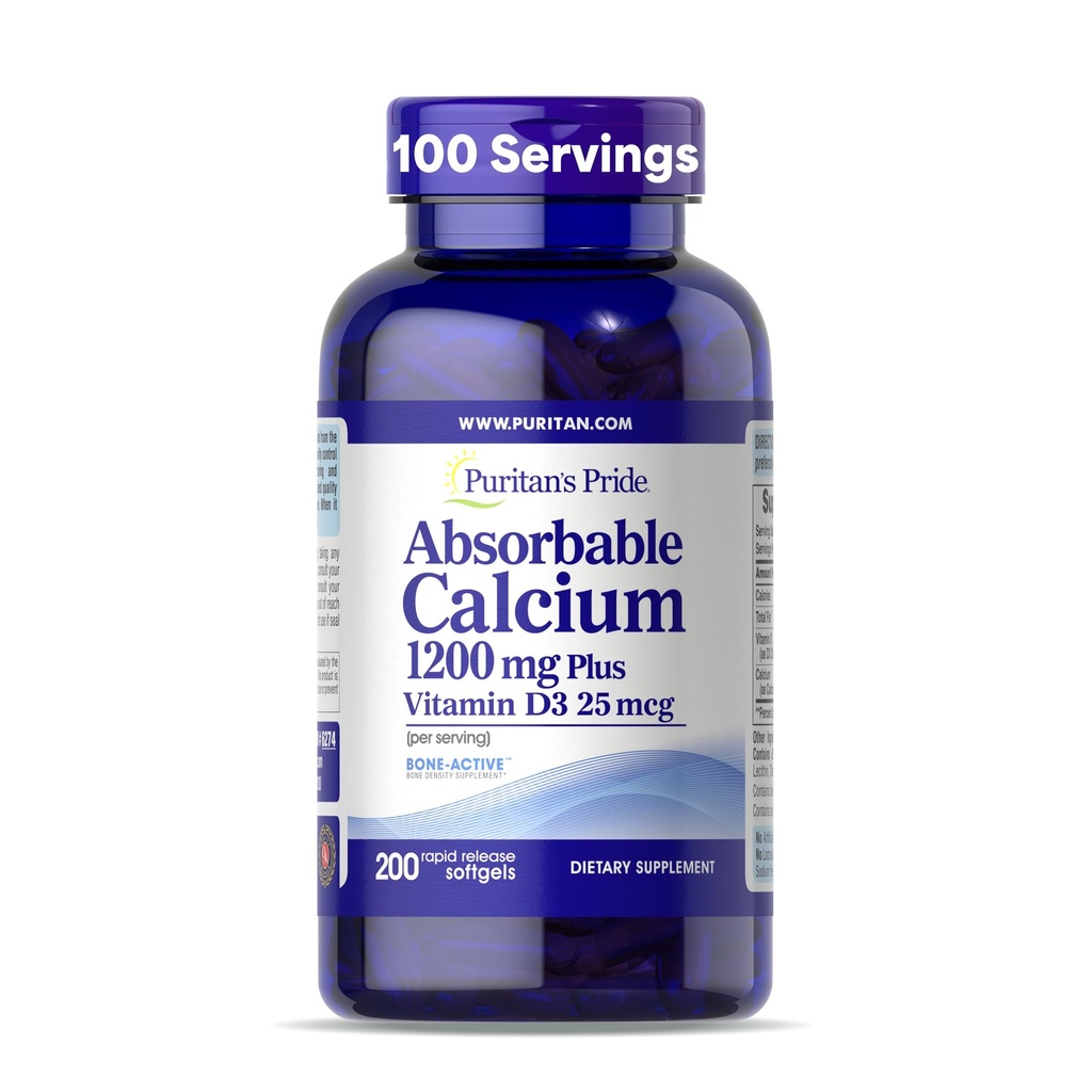 纯洁的可防腐钙 1200 mg+维生素 D3 25mcg 1000 IU 配Bone-AactiveTM,200 快速释放软胶
