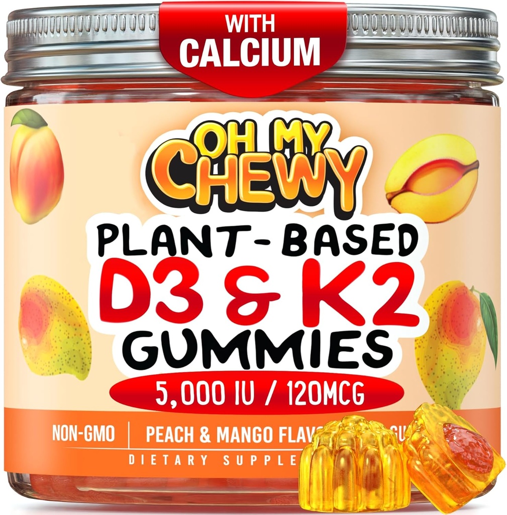 中心-填充维生素 D3 K2 Gummys - 儿童、青少年和成年人-健康牙齿、骨骼、能量和豁免补充 - 5,000 IU D3,120 mcg K2(MK-7),120 mg 钙 - Vegan & Non-GMO - 120 计数