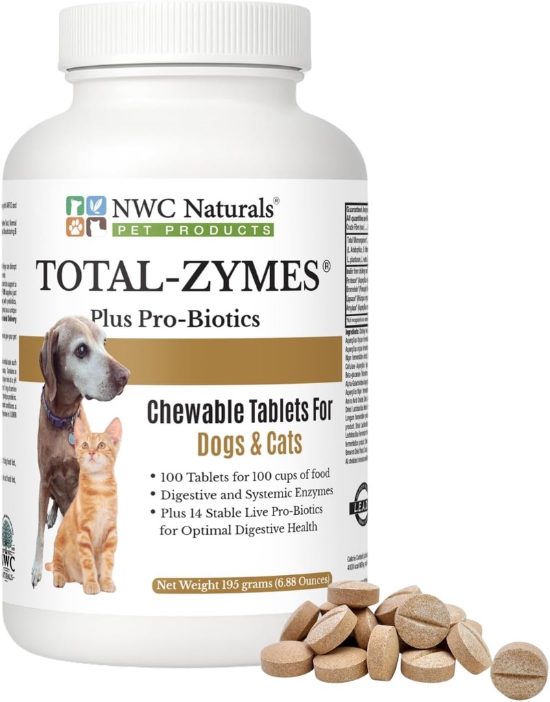 NWC Naturals Total-Zymes Plus 狗和猫的植物消化酶,支持健康消化Tract & Immune系统,高级Probiotics & Prebiotics - 100 Chewwits