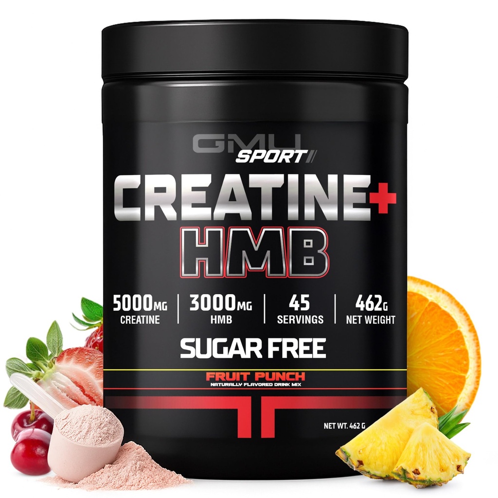 GMU SPORT - 配有HMB粉末的Creatine 单水合物 - 45 services, Creatine HMB 补充品,配有HMB的Creatine 用于增强强度,肌肉生长和增强能量,3G HMB/Fruit Punch