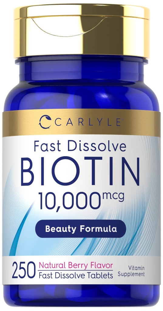 Carlyle Biotin 10000mcg → 250 快速溶解板 → 最大强 → 蔬菜,非GMO,Gluten免费补充
