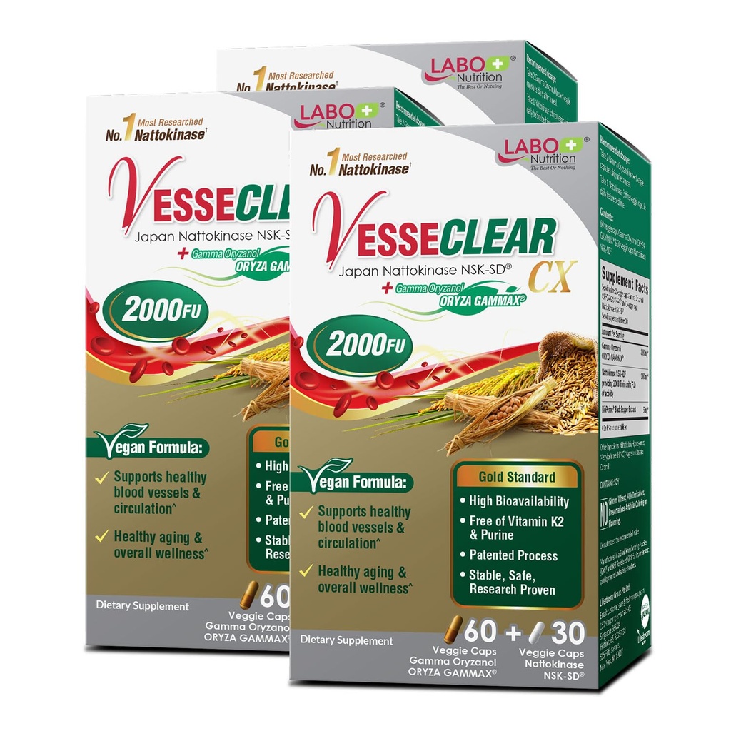 LABO 营养 VesseCLEAR CX: Nattokinase NSK-SD + Gamma Oryzanol 用于清洁血船和健康老龄化,日本临床研究最多的,用于健康胆固醇,心脏,维冈,酸-储量,60sx3