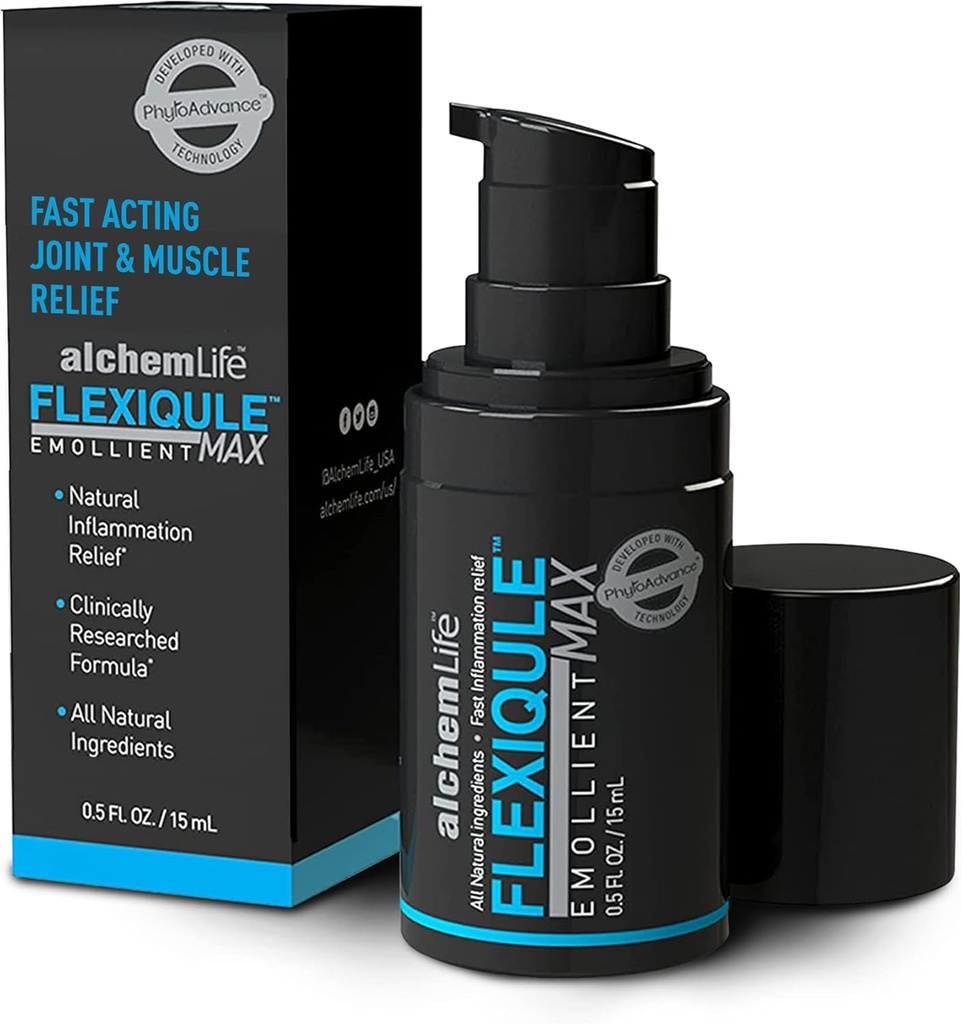 AlchemLife FlexiQule MAX - 快速代理情感支持自然联合和肌肉救济 - Soothes Stiffness & Aids 流动性 - 强力生理学动词 姜, Boswellia & Piperine - (15mL Pump)