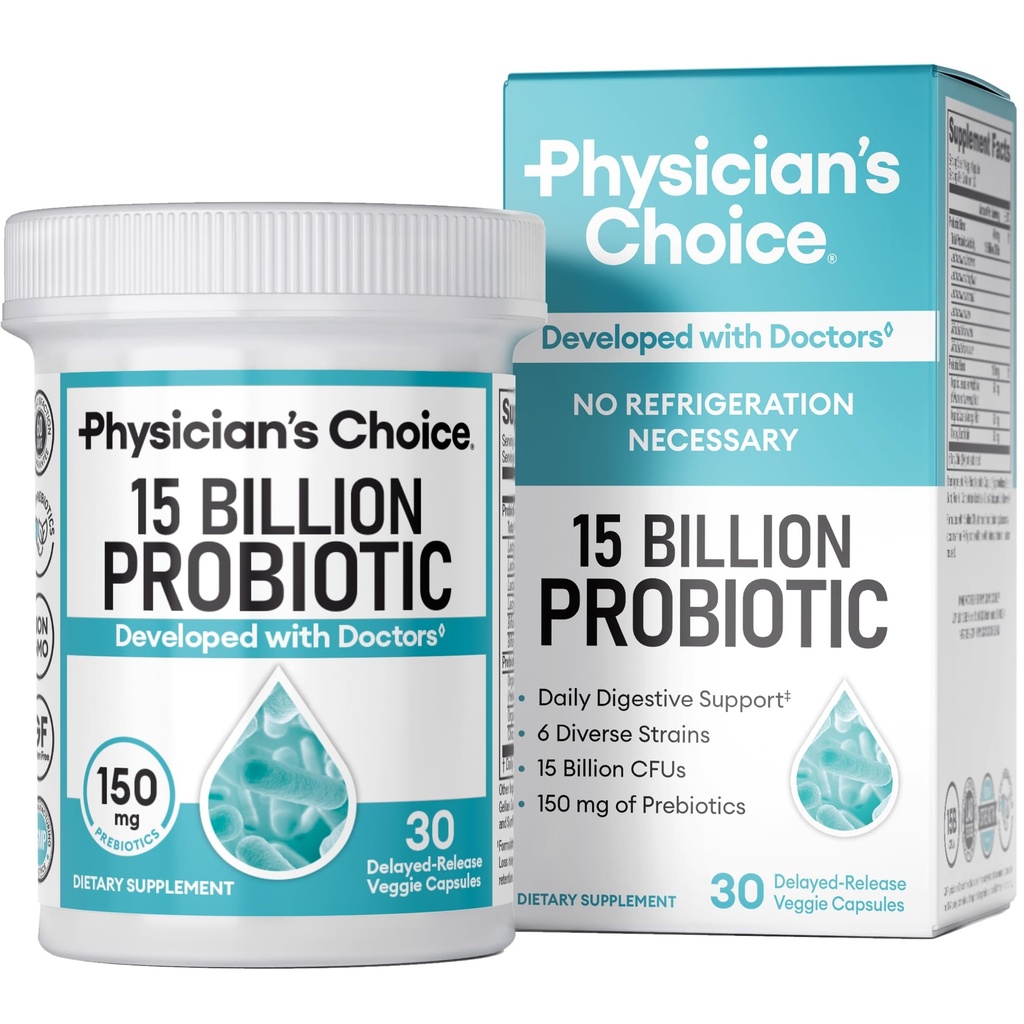 Physician's CHOICE Beginner Probiotics 15 Billion CFU - 6 Diverse Strains & Organic Prebiotics, Designed for Overall Digestive Health and Supports Occasional Constipation, Diarrhea, Gas & Bloating