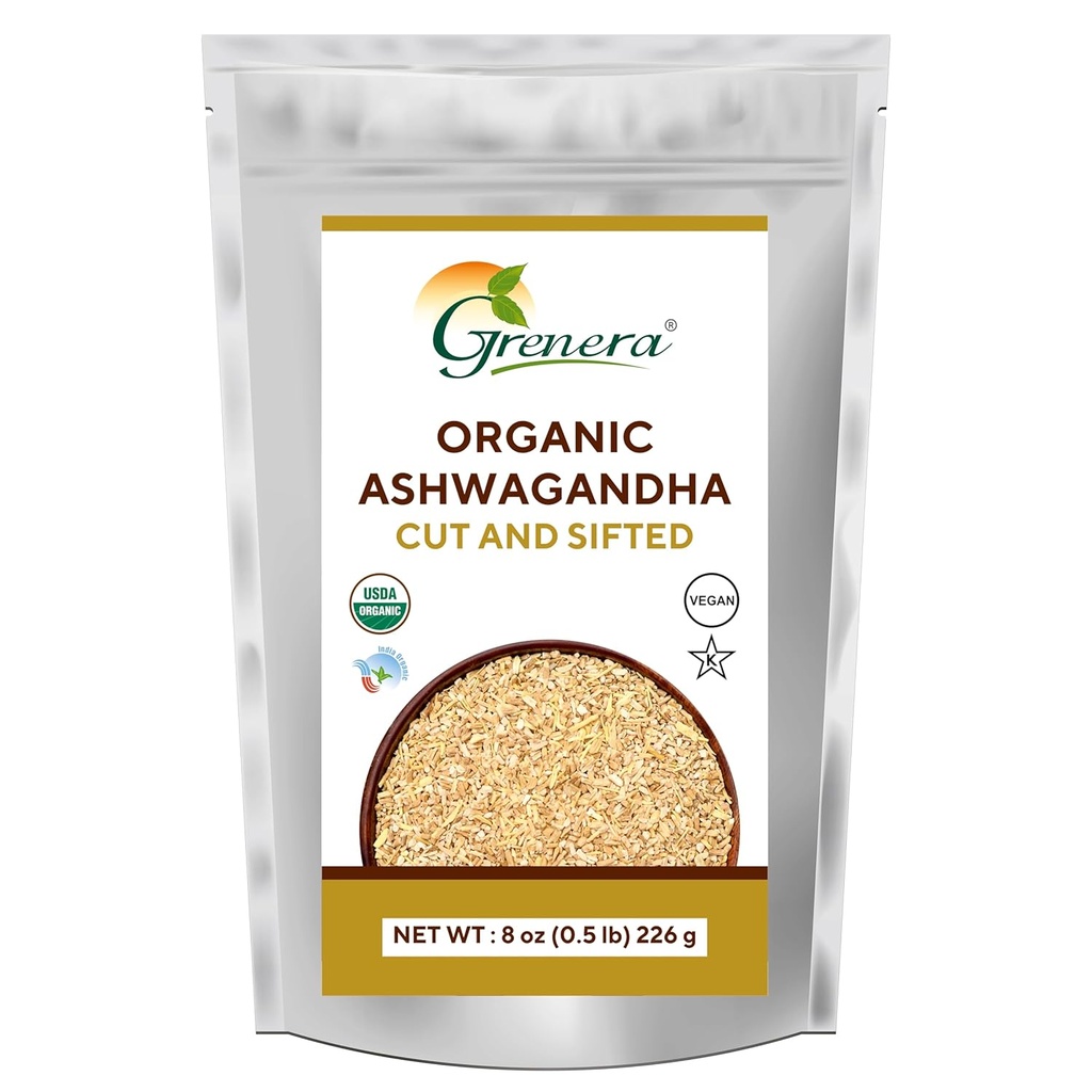 Grenera Organical Ashwagandha Root Cut and Sifted 8 oz, Withania Somnifera USDA 认证大小3至5毫米,最佳制作草药茶