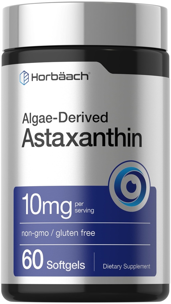 Horbäach Astaxanthin 补充 = 10mg = 60 软胶 – Algae 衍生公式 – Non-GMO, Gluten Free