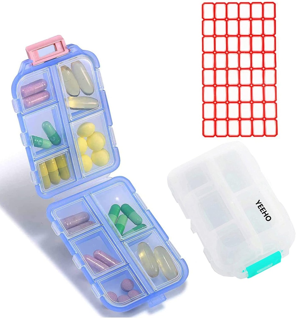 药箱(2包) - 便携式小补品 装有10个比较物的餐具集装箱箱 - 药品 维生素 组织者 药剂师 持有者 用于旅行 旅行 口袋 Purse(蓝色+白色)
