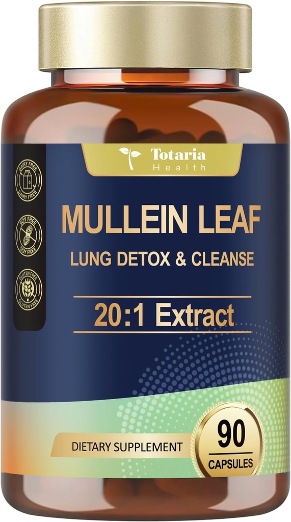Totaria Mullein Capsules 配有 Calendula 用于肺部解毒和清洁, Mullein 叶片提取 用于肺部草药 用于呼吸卫生与豁免的补充药 - 90 Vegan Caps