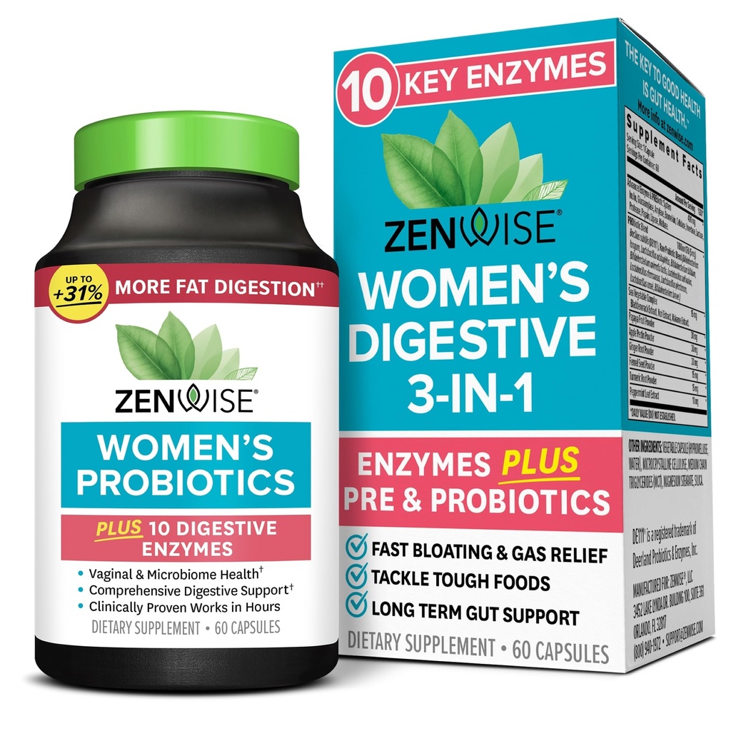 Zenwise Health 3-in-1 Womens Probiotic Supplement for Digestive, Gut Flora & Vaginal Health - Daily Probiotics & Prebiotics for Women with Digestive Enzymes Supports Bloating & Gas Relief - 60 Count