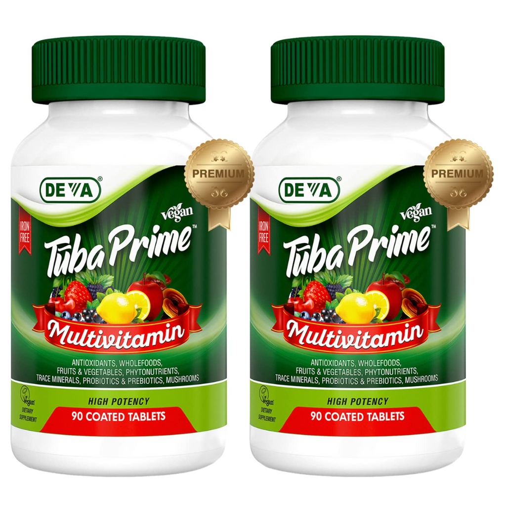 DEVA Tuba Prime Vegan 多维他命 无铁 高敏维生素和矿物质 饮食补充剂 抗氧化剂,水果和蔬菜混合剂,超级蘑菇, Probiotics, Prebiotics,种子,草药 90 Tabs 2-Pack