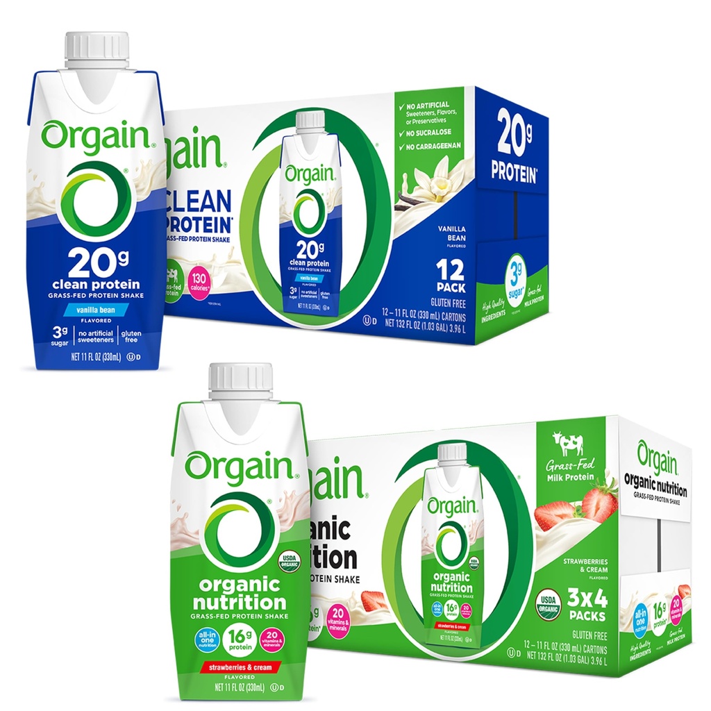 Orgain 清洁蛋白摇摆、草药奶油、香草豆(12袋)和Orgain 有机营养蛋白摇摆、草莓和奶油(12袋)
