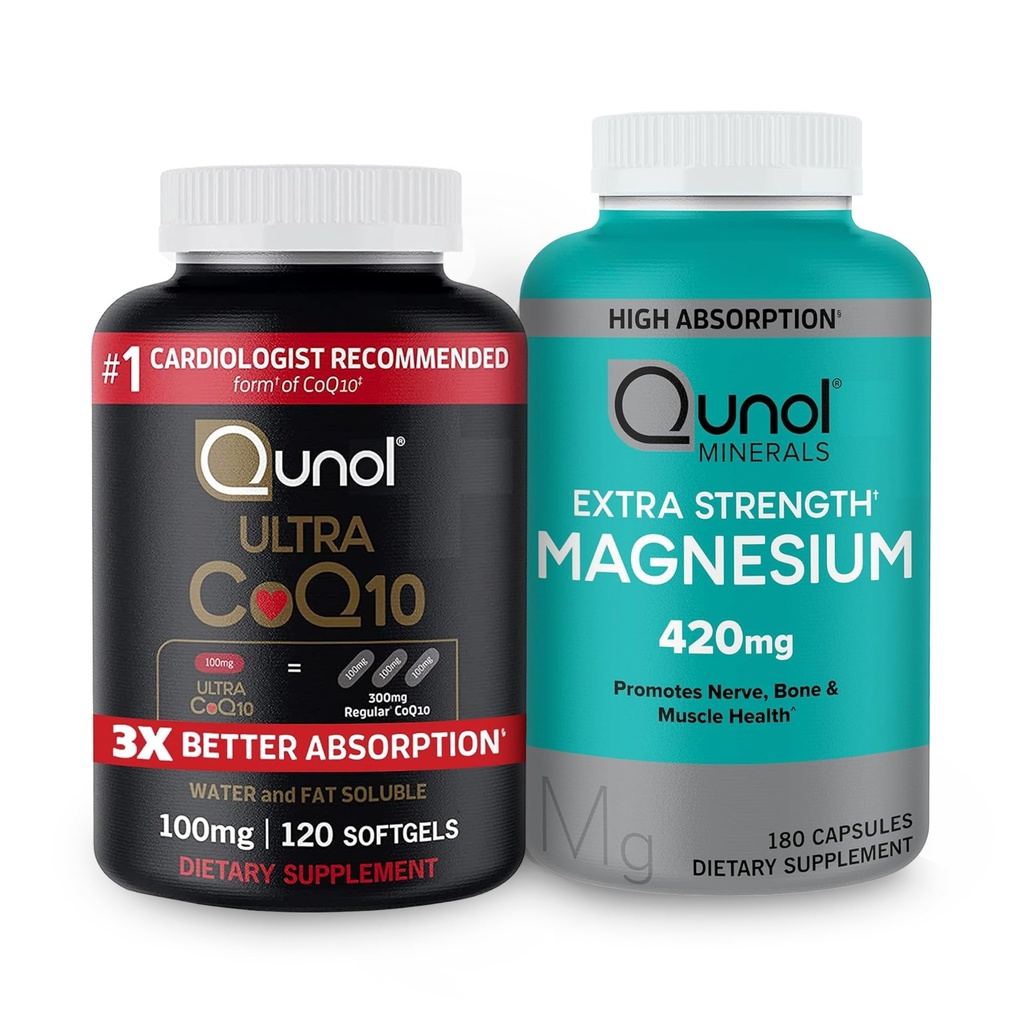 Qunol CoQ10 100 mg 软胶,3X 更好的吸收 4个月供应+120 镁 甘油 420 mg 高吸收 镁 补充 180 计数