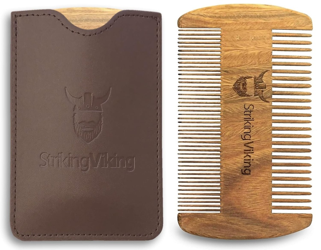 刺穿维京桑达尔伍德熊皮(Band Comb & Case) - 配有精致和粗质牙齿的口袋化纺工具,适合与薄膜和油一起使用