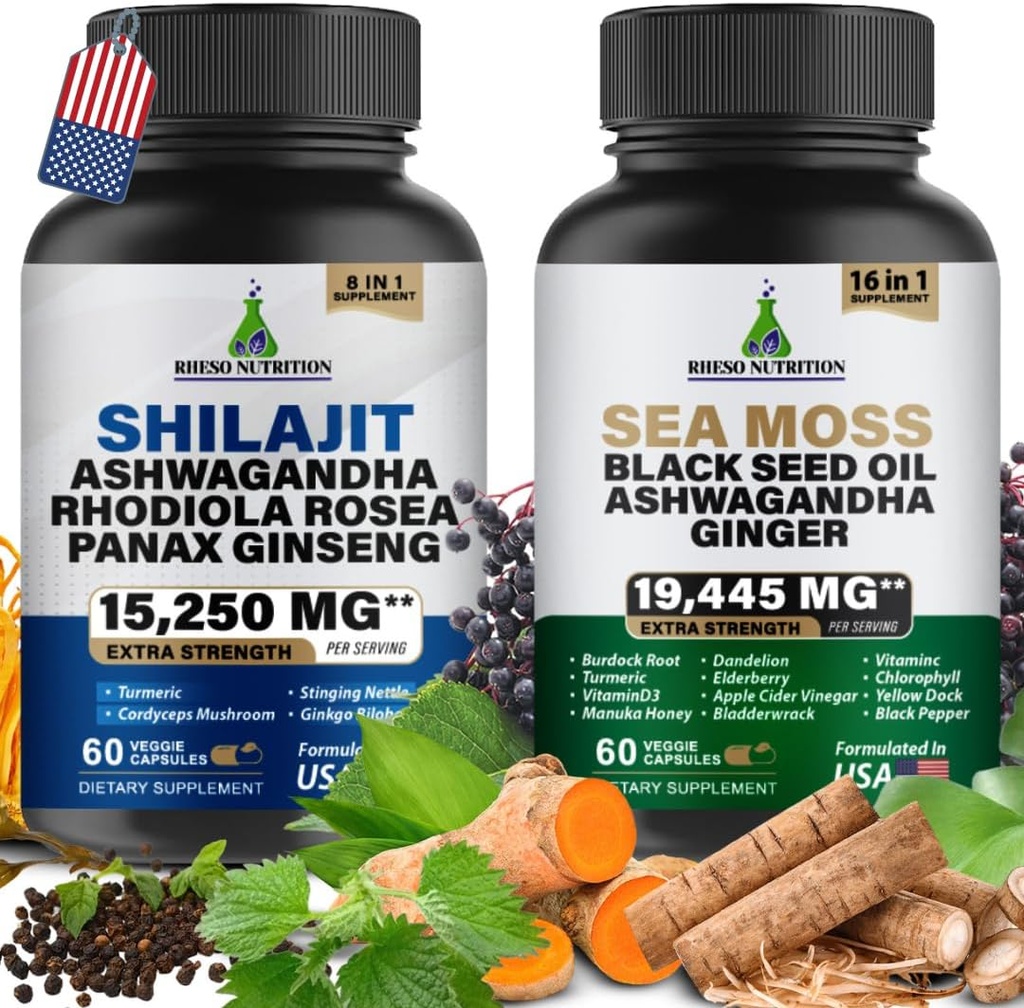 Sea Moss & Shilajit Multivitamin Bundle - Sea Moss 7000mg, Shilajit 9000mg, 黑种子油 40000mg, Ashwagandha 2000mg, Ginger & Rhodiola Rosea 1000mg, 全部为 1 个补编