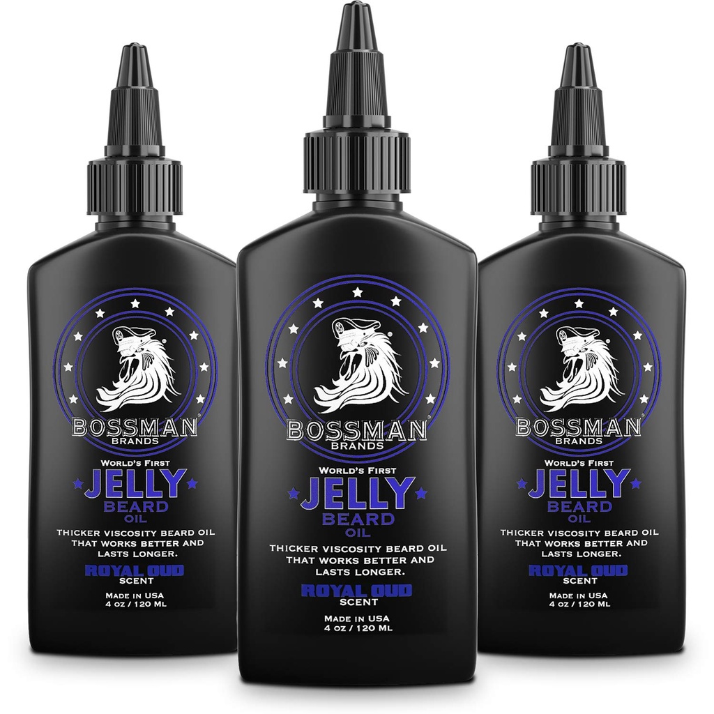 Bossman Jelly Beard Oil for Men - 3 Pack (共12 oz, Royal Oud Scent) – Softens, Moisturizes & 条件与天然成份