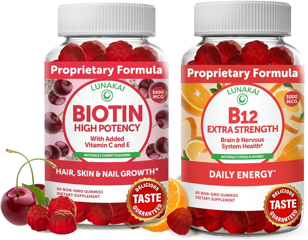 Lunakai Biotin和维生素B12 Gummys Bundle -- -- 带维生素C和E的毛皮和钉子生长Gummy -- -- 非GMO和Vegan能源支助和骨质保健补充 -- -- 30天供应