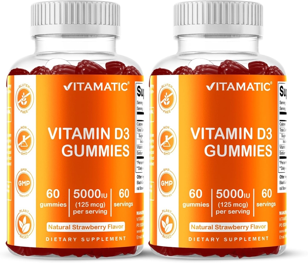 维生素D3 Gummy – 5000 IU Per Gummy – 每瓶60 Gummys – 包装2 (总计120个计数) 棒味 – 支持骨,齿,毛,联合和免疫健康