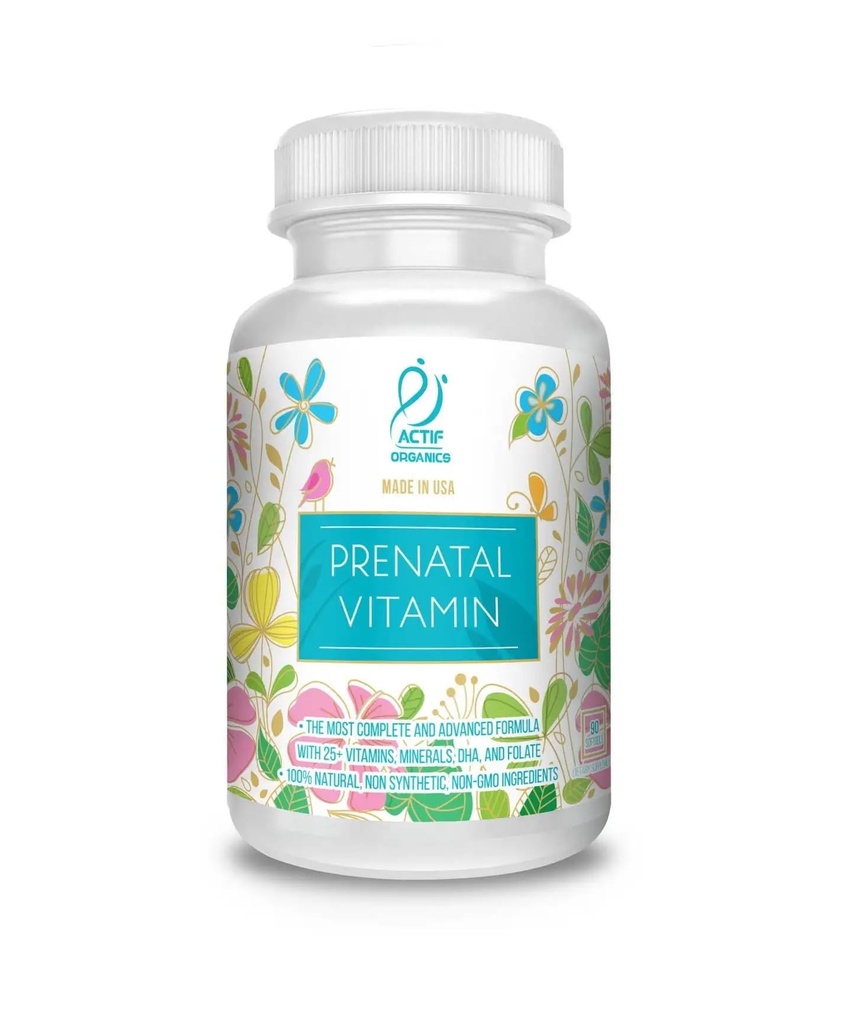 Actif 有机产前维生素25+有机维生素,100%天然,DHA,EPA,Omega 3和有机草药混合剂-Non-GMO,90 Counter