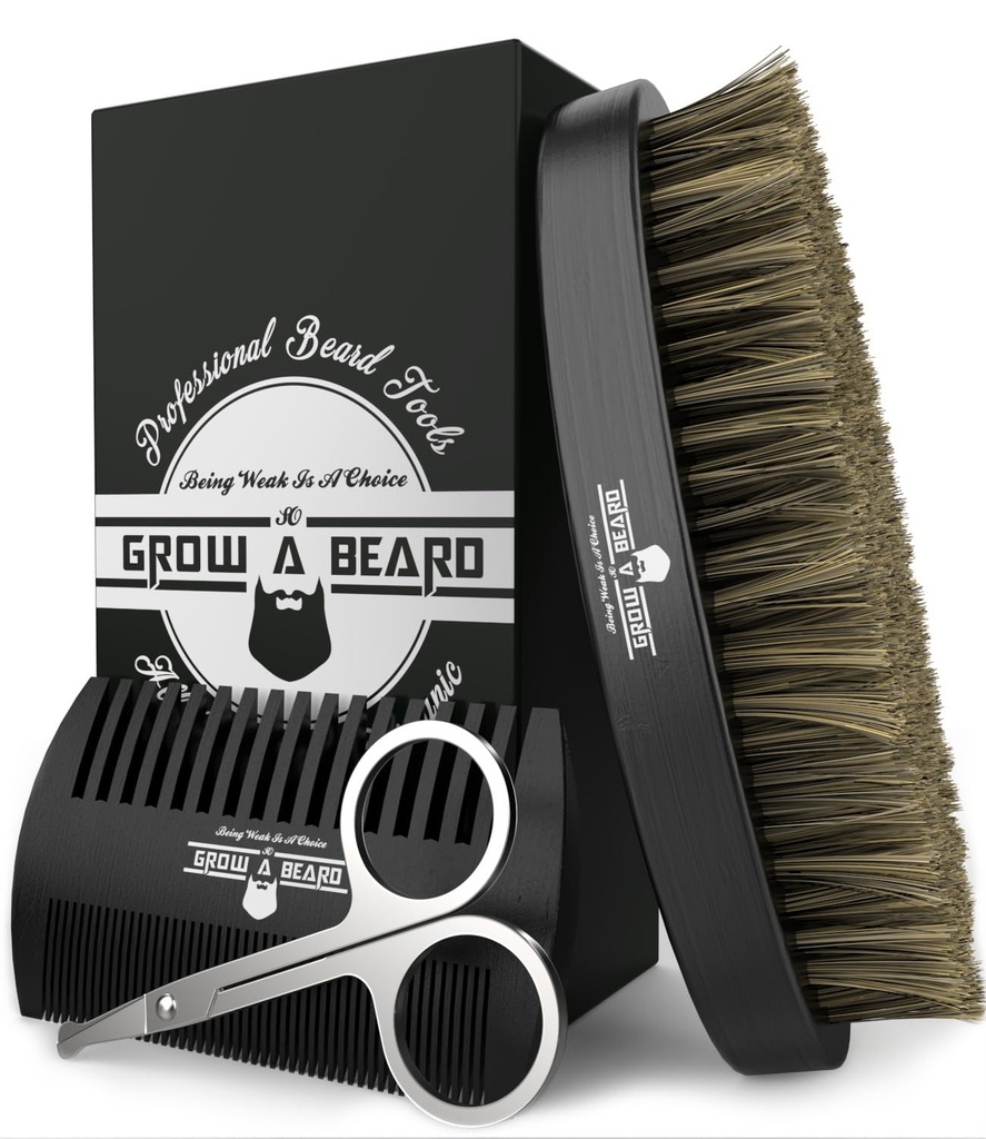 胡子刷 男人和熊 Comb set w/Mustache 剪刀 Groming Kit, 自然野猪 Bristle Brush, 双动作木头刷, 和旅行袋大 圣诞礼物
