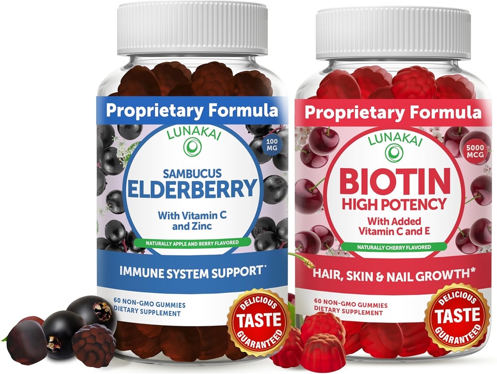 Lunakai Biotin & Elderberry Gummys Bundle - 毛发生长的Gummy,皮质的Glow和坚固的钉子,配有维生素C和E - 成人和儿童的免疫支持补充剂