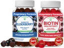 Lunakai Biotin & Elderberry Gummys Bundle - 毛发生长的Gummy,皮质的Glow和坚固的钉子,配有维生素C和E - 成人和儿童的免疫支持补充剂