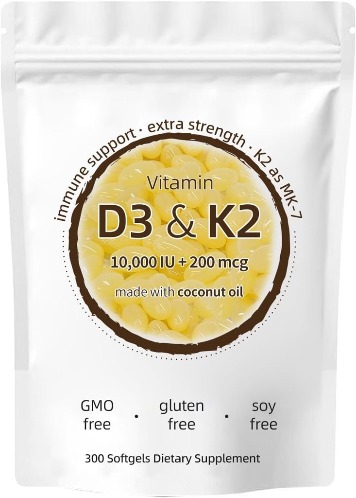 维生素D3 K2 补充,1000 IU D3 + 200 MCG K2,300 Softgels, Non-GMO, Gluten-free