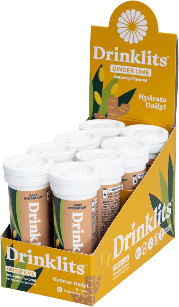 Drinklits Ginger Lime Electrolyte Sports 饮用Fizzy水晶片(8) Tube Bundle – 天然火焰 – 0g 糖 – 每日使用 → 80 服务 – 10 片 Per Tube