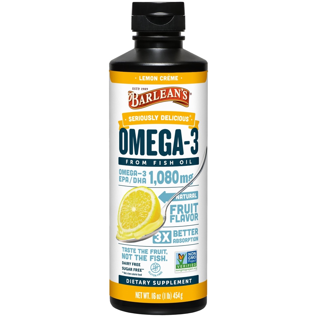 Barlean的Omega 3 鱼类油液补充剂,供男女使用,Lemon Crème,1080mg of Omega 3 EPA和DHA脂肪酸,16 oz