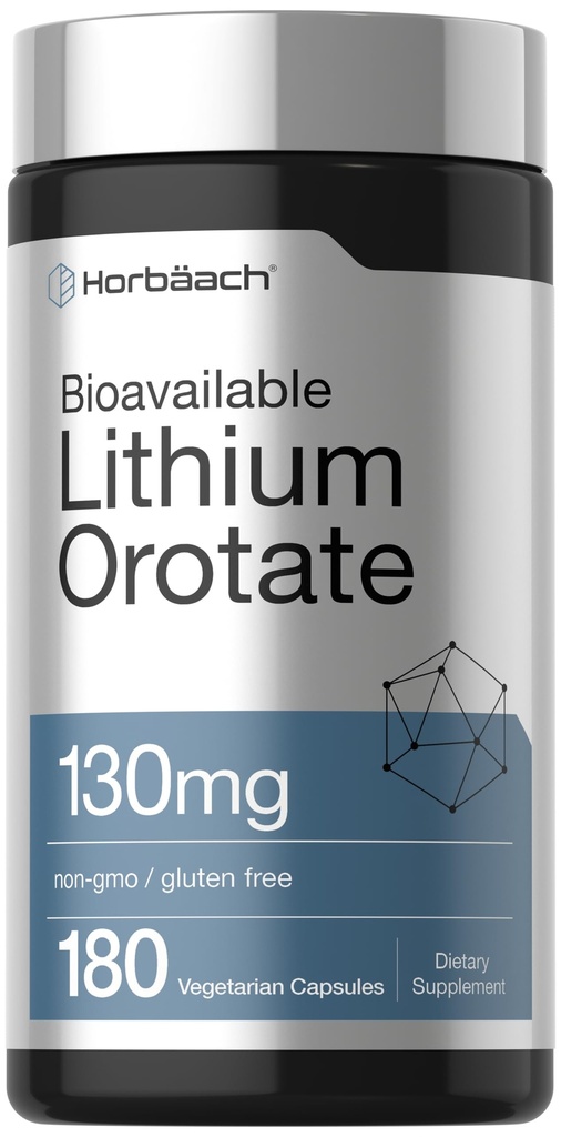 Horbäach Orotate锂 130mg + 180 Capsules → Non-GMO, Gluten Free → 5mg 生物可用元素锂