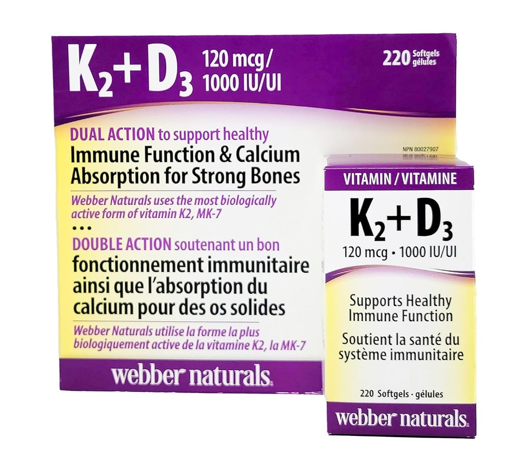 Webber Naturals K2 + D3 120 mcg/1000 IU,支持健康免疫功能 - 220软胶