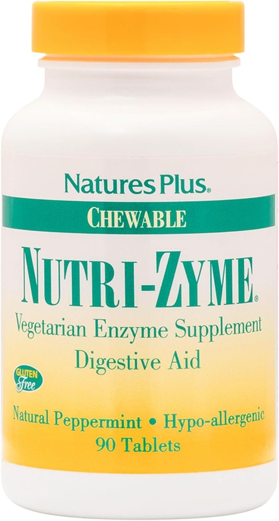 NaturesPlus Nutri Zyme - 90块可切片,Peppermint Flavor - 蔬菜酶与Bromelain & Papain补充,自然消化援助 - 无糖 - 45种服务