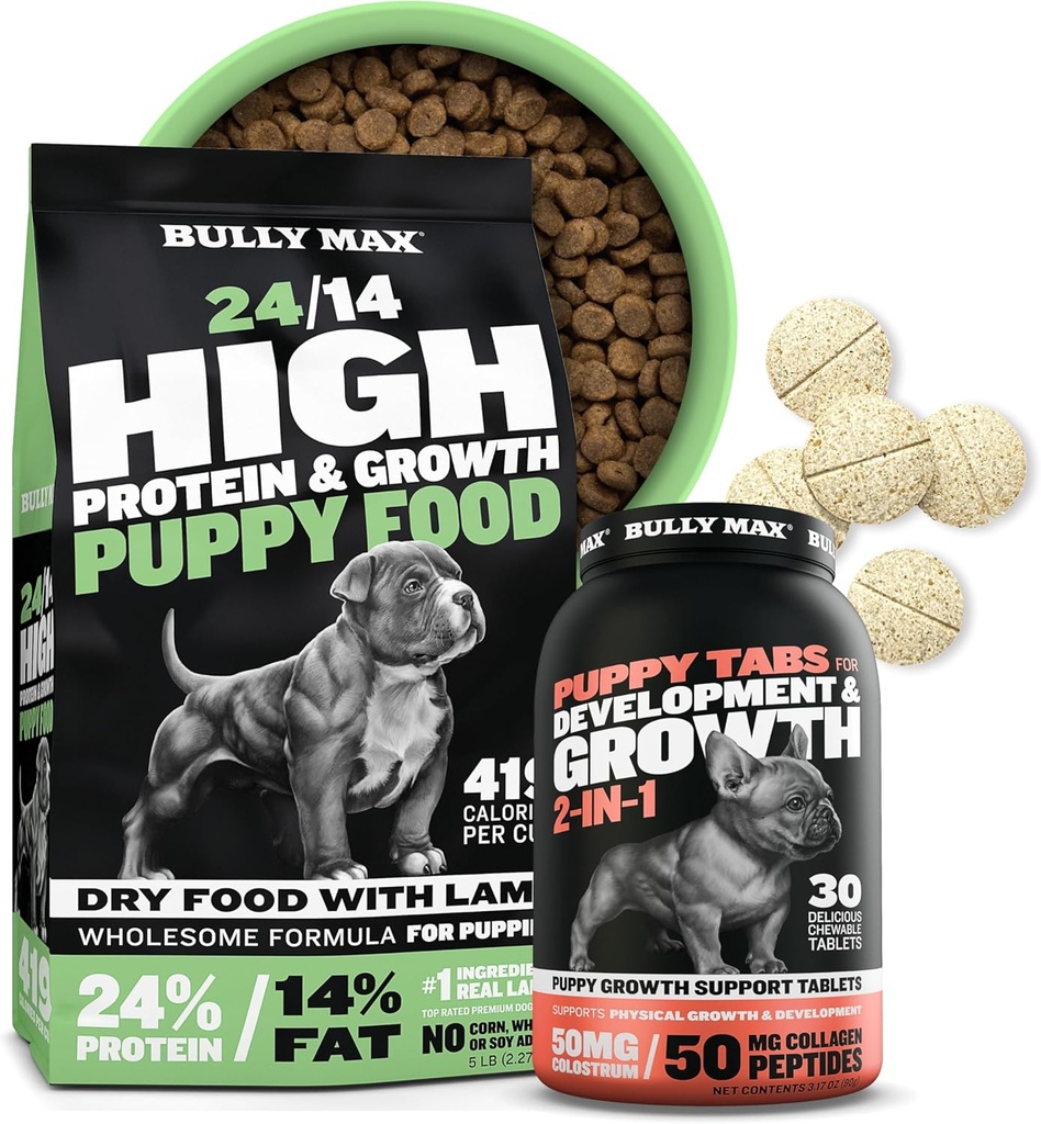 BULY Max 24/14 高蛋白皮食品(5lbs.)和PUPY 维生素(30个可嚼标签),用于发展与成长包 — 肌肉,Immune,Bone & 消化支持小型和大型育种小狗.