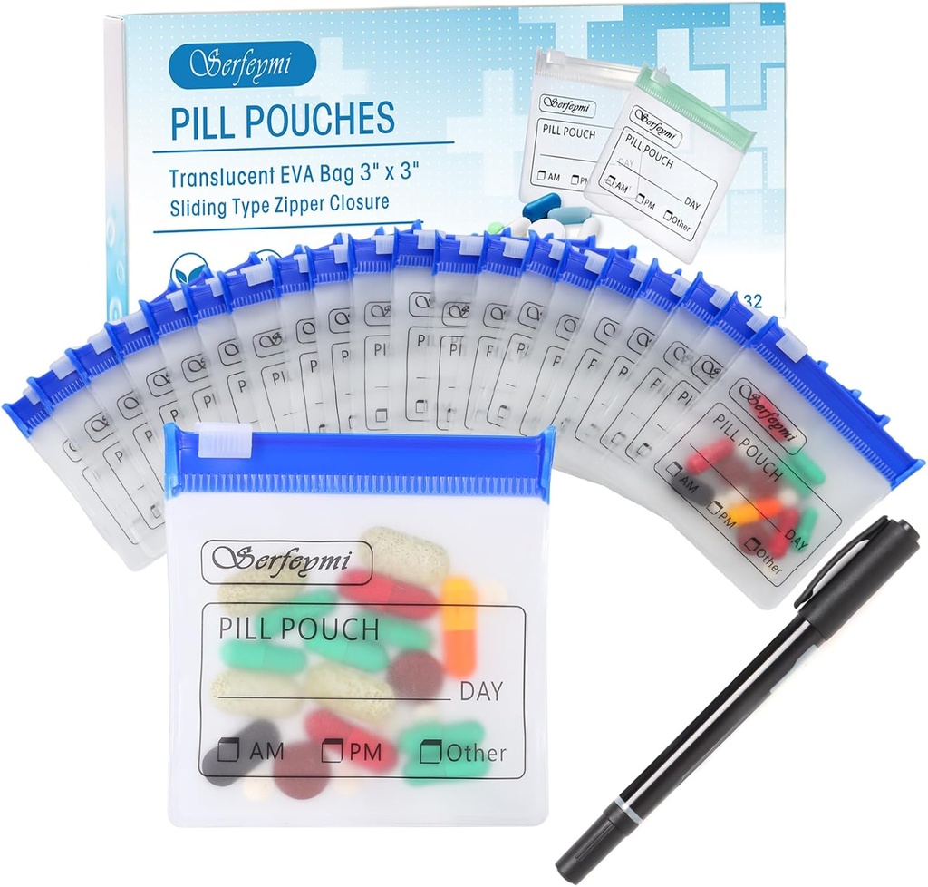 Serfeymi 32 Pcs Zippered Pill Pouches 组织者 塑料袋 3 X 3英寸 1 200万个自封 带有幻灯片锁可写标签 透明旅行药品 存储袋 和 1 Pc Marker-蓝色